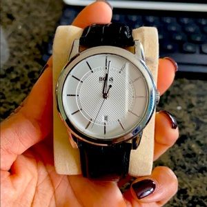 Pearl faced black leather band BOSS watch